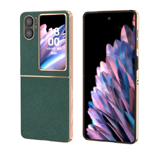 

For OPPO Find N2 Flip Nano Electroplating Cross Texture Genuine Leather Phone Case(Green)