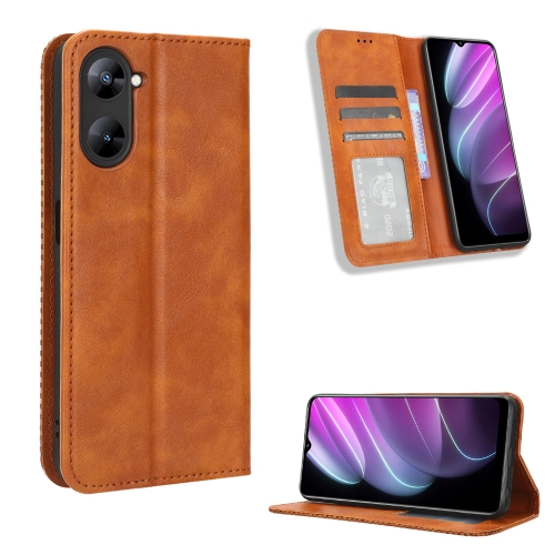 

For Realme V30 / V30t 5G Magnetic Buckle Retro Texture Leather Phone Case(Brown)