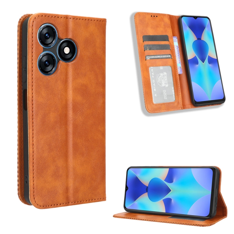 

For Tecno Spark 10 4G Magnetic Buckle Retro Texture Leather Phone Case(Brown)
