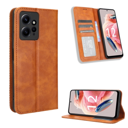 

For Xiaomi Redmi Note 12 4G Global Magnetic Buckle Retro Texture Leather Phone Case(Brown)