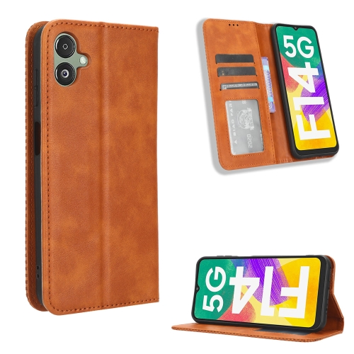

For Samsung Galaxy F14 Global Magnetic Buckle Retro Texture Leather Phone Case(Brown)