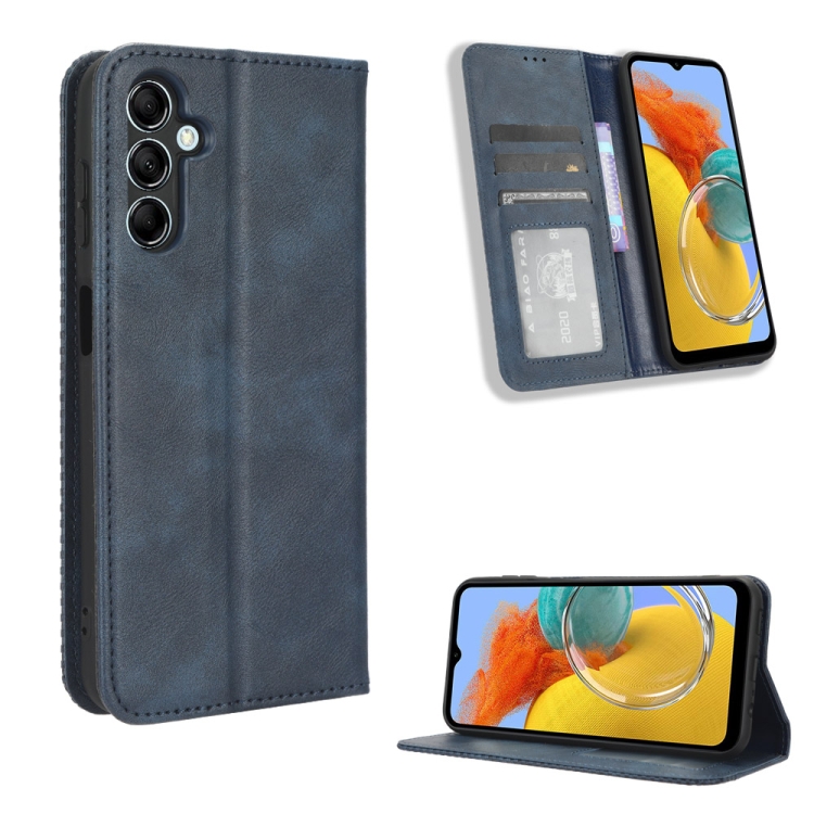 

For Samsung Galaxy M14 5G Magnetic Buckle Retro Texture Leather Phone Case(Blue)