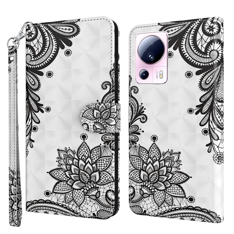 

For Xiaomi 13 Lite 3D Painting Pattern Flip Leather Phone Case(Diagonal Black Flower)