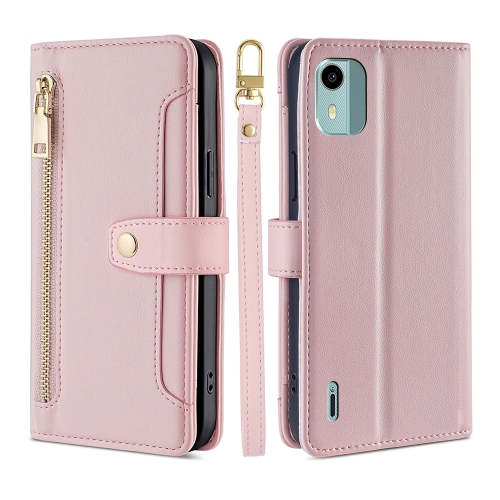 

For Nokia C12 Sheep Texture Cross-body Zipper Wallet Leather Phone Case(Pink)