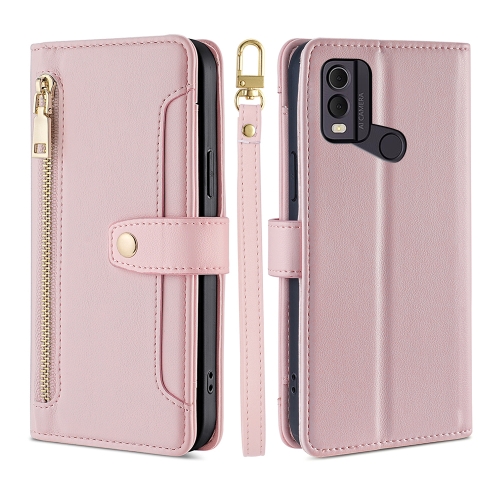 

For Nokia C22 Sheep Texture Cross-body Zipper Wallet Leather Phone Case(Pink)