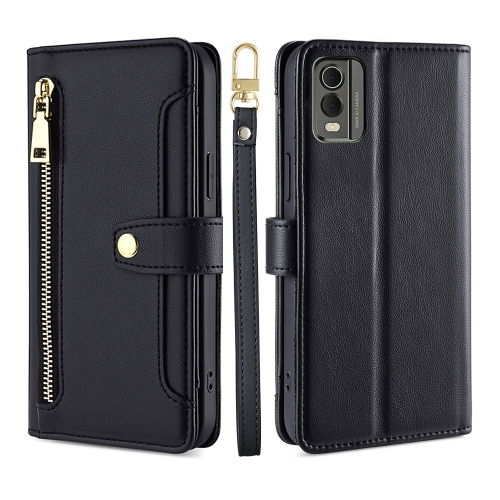 

For Nokia C32 Sheep Texture Cross-body Zipper Wallet Leather Phone Case(Black)