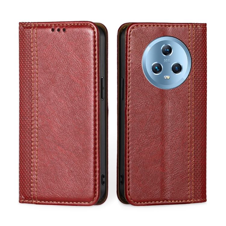 

For Honor Magic5 Grid Texture Magnetic Flip Leather Phone Case(Red)