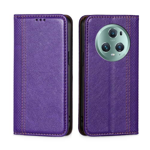 

For Honor Magic5 Pro Grid Texture Magnetic Flip Leather Phone Case(Purple)