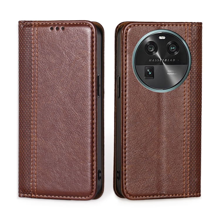 

For OPPO Find X6 5G Grid Texture Magnetic Flip Leather Phone Case(Brown)
