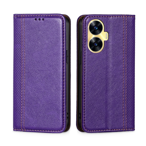 

For Realme C55 4G Grid Texture Magnetic Flip Leather Phone Case(Purple)