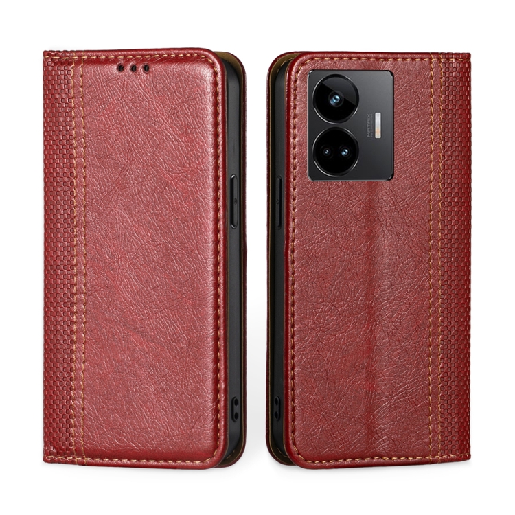 

For Realme GT Neo 5 / GT3 Grid Texture Magnetic Flip Leather Phone Case(Red)
