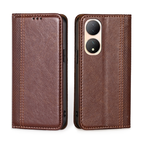 

For vivo Y100 5G Grid Texture Magnetic Flip Leather Phone Case(Brown)