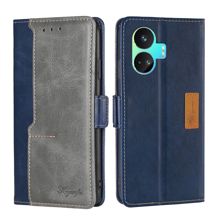 

For Realme GT Neo5 SE Contrast Color Side Buckle Leather Phone Case(Blue + Grey)