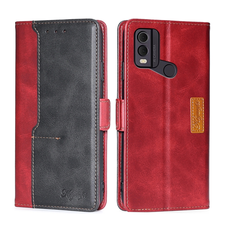 

For Nokia C22 Contrast Color Side Buckle Leather Phone Case(Red + Black)