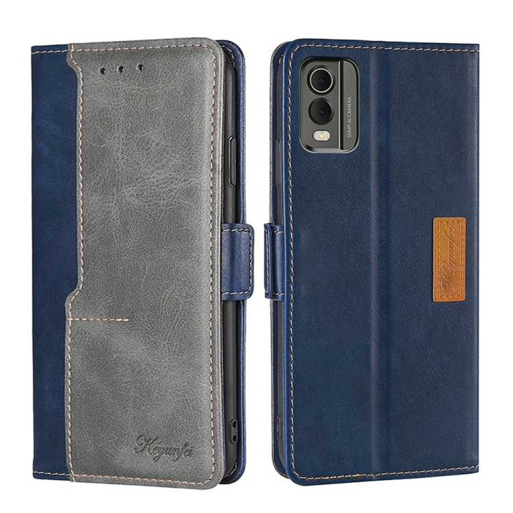 

For Nokia C32 Contrast Color Side Buckle Leather Phone Case(Blue + Grey)