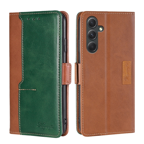 

For Samsung Galaxy A54 5G Contrast Color Side Buckle Leather Phone Case(Light Brown + Green)