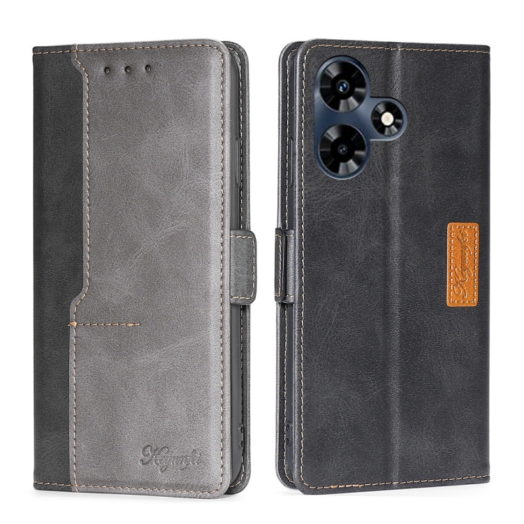 

For Infinix Hot 30 4G Contrast Color Side Buckle Leather Phone Case(Black + Grey)