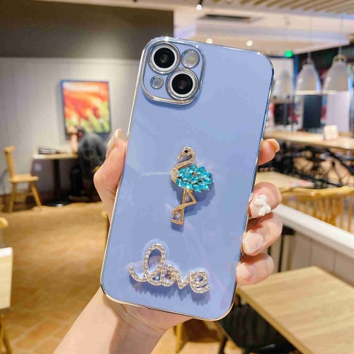 

For iPhone 14 Electroplated Rhinestone Flamingo Phone Case(Blue)