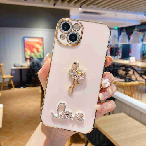 

For iPhone 14 Plus Electroplated Rhinestone Flamingo Phone Case(Pink)