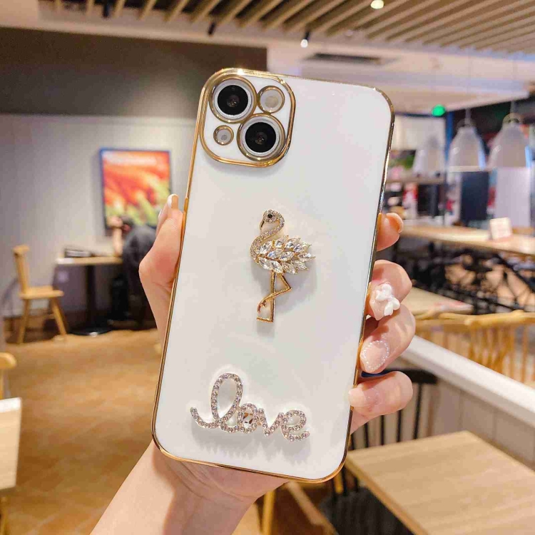 

For iPhone 14 Plus Electroplated Rhinestone Flamingo Phone Case(White)