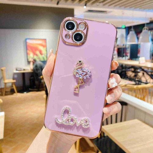 

For iPhone 14 Plus Electroplated Rhinestone Flamingo Phone Case(Purple)