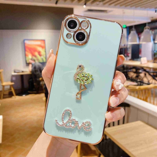 

For iPhone 13 Electroplated Rhinestone Flamingo Phone Case(Green)