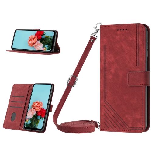 

For Tecno Spark 10 Skin Feel Stripe Pattern Leather Phone Case with Lanyard(Red)