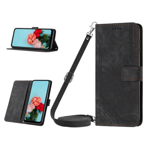 

For Tecno Spark 10 5G Skin Feel Stripe Pattern Leather Phone Case with Lanyard(Black)