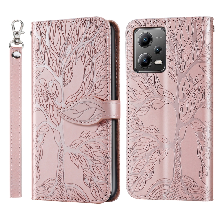 

For Xiaomi Redmi Note 12 4G Global Life of Tree Embossing Pattern Horizontal Flip Leather Phone Case(Rose Gold)