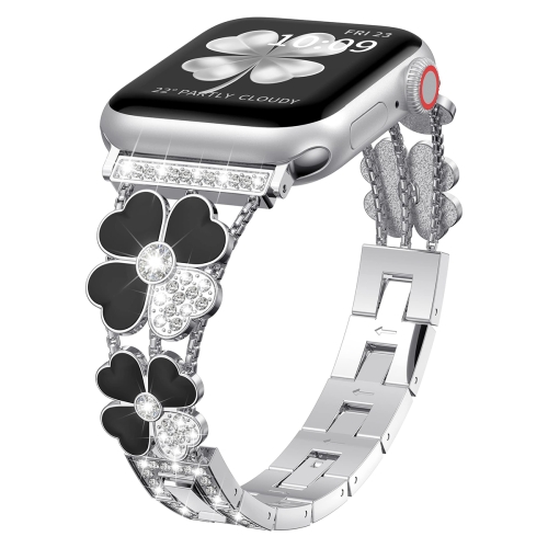 

For Apple Watch 8 45mm Petal Metal Diamond Watch Band(Silver+Black)