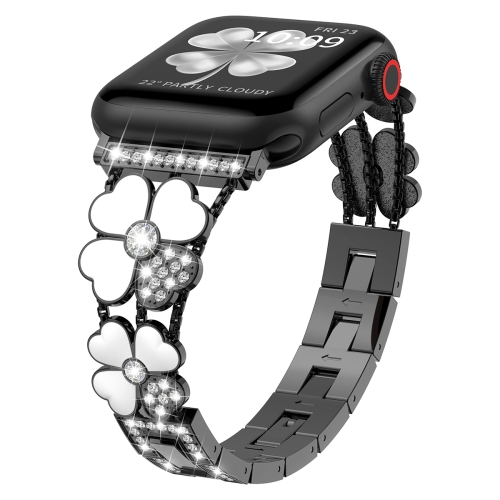 

For Apple Watch 7 45mm Petal Metal Diamond Watch Band(Black+White)