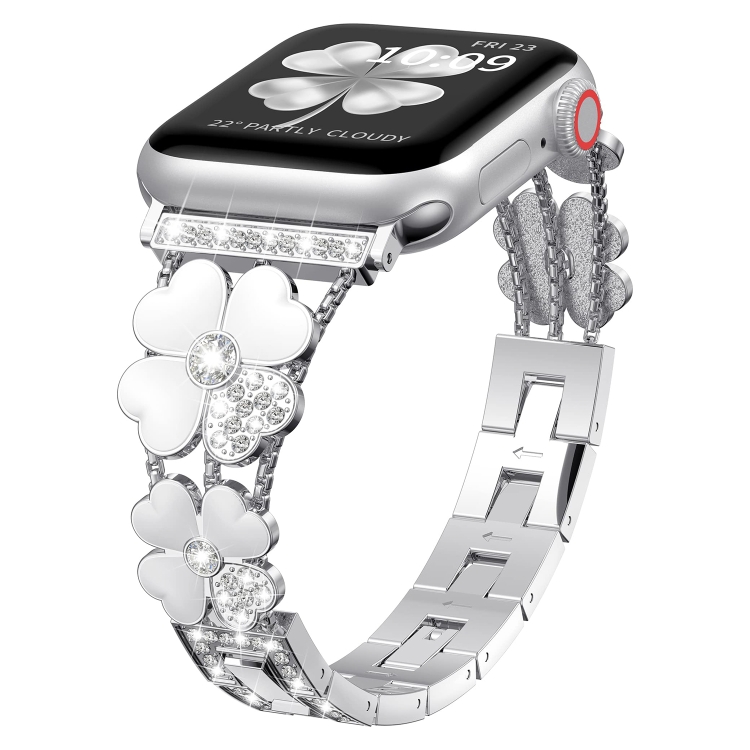 

For Apple Watch SE 40mm Petal Metal Diamond Watch Band(Silver+White)