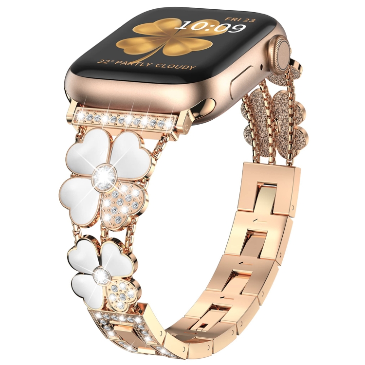 

For Apple Watch SE 44mm Petal Metal Diamond Watch Band(Rose Gold+White)