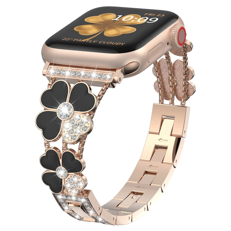 

For Apple Watch 6 40mm Petal Metal Diamond Watch Band(Rose Gold+Black)
