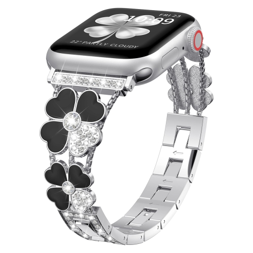 

For Apple Watch 6 44mm Petal Metal Diamond Watch Band(Silver+Black)