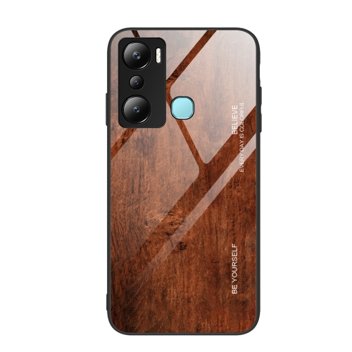 

For Infinix Hot 20i Wood Grain Glass Phone Case(Dark Brown)