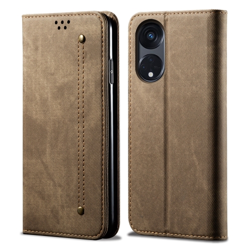 For OPPO A98 5G Denim Texture Casual Style Horizontal Flip Leather Case(Khaki) for samsung galaxy a04e f04 m04 3d colored horizontal flip leather phone case peacock wreath