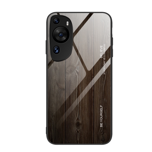 

For Huawei P60 Art Wood Grain Glass Phone Case(Black)