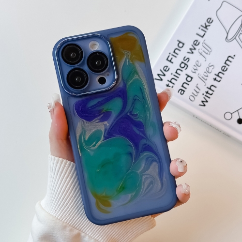 For iPhone 14 Pro Oil Painting Electroplating TPU Phone Case(Blue) for iphone 15 rotating ring magnetic holder phone case blue