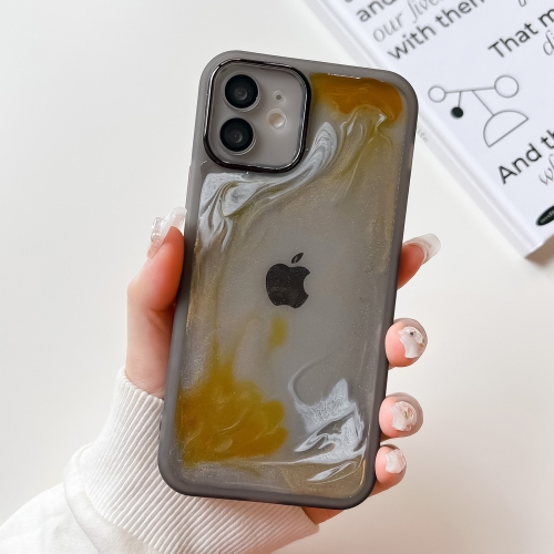 For iPhone 12 Oil Painting Electroplating TPU Phone Case(Grey) for iphone 14 wave texture electroplated tpu glitter powder phone case silver