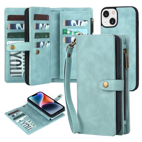 

For iPhone 14 Plus Zipper Wallet Detachable MagSafe Leather Phone Case(Blue)