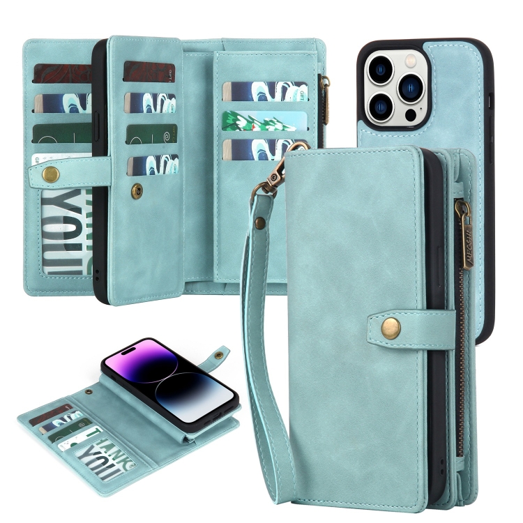 

For iPhone 14 Pro Max Zipper Wallet Detachable MagSafe Leather Phone Case(Blue)