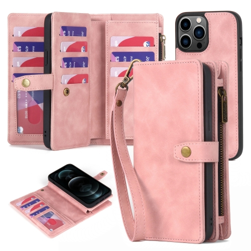 

For iPhone 12 Pro Max Zipper Wallet Detachable MagSafe Leather Phone Case(Pink)