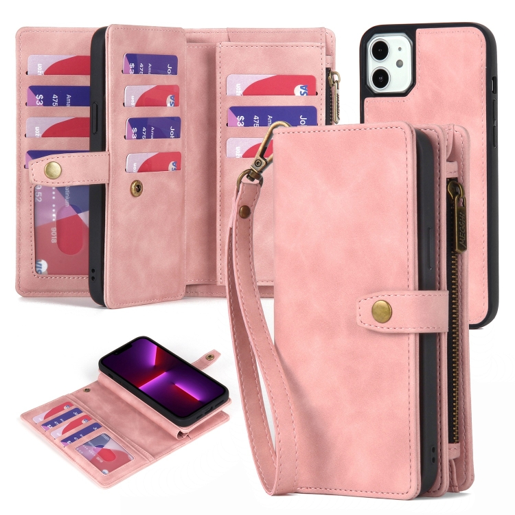 

For iPhone 11 Zipper Wallet Detachable MagSafe Leather Phone Case(Pink)