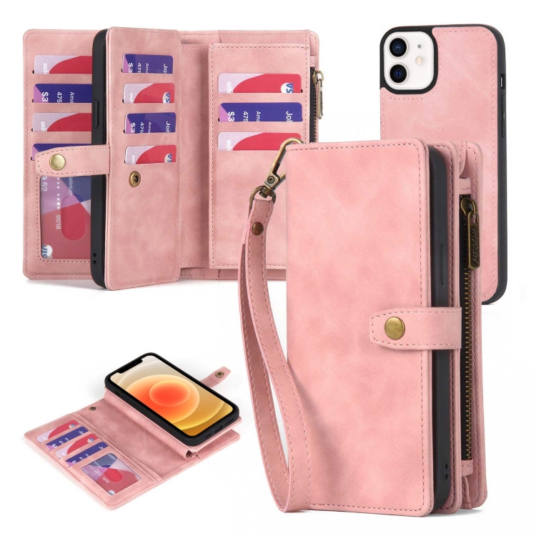 

For iPhone XR Zipper Wallet Detachable MagSafe Leather Phone Case(Pink)