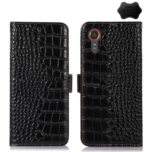 

For Samsung Galaxy Xcover 7 Crocodile Top Layer Cowhide Leather Phone Case(Black)