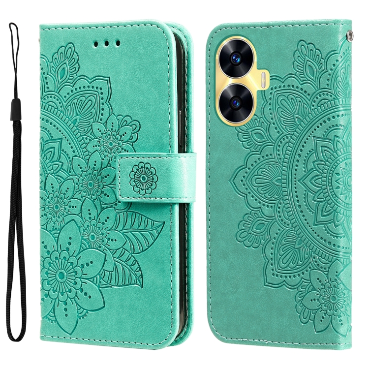 

For Realme C55 7-petal Flowers Embossing Leather Phone Case(Green)