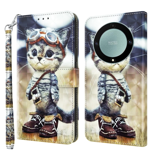 

For Honor Magic5 Lite 3D Painted Pattern Leather Phone Case(Naughty Cat)