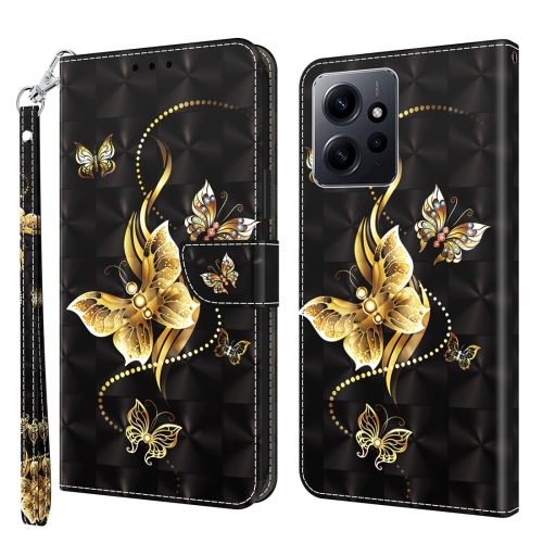 

For Xiaomi Redmi Note 12 Pro+ 5G Global 3D Painted Pattern Leather Phone Case(Golden Butterfly)