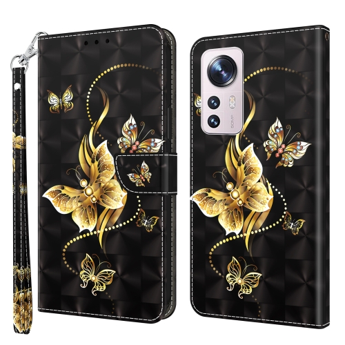 

For Xiaomi 12 Pro 3D Painted Pattern Leather Phone Case(Golden Butterfly)